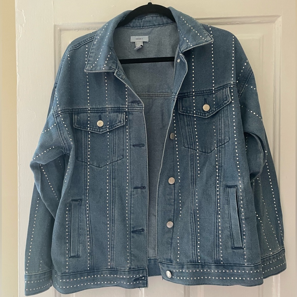 Forever 21| Rhinestone Jean Jacket | Size: S -oversized/boyfriend fit